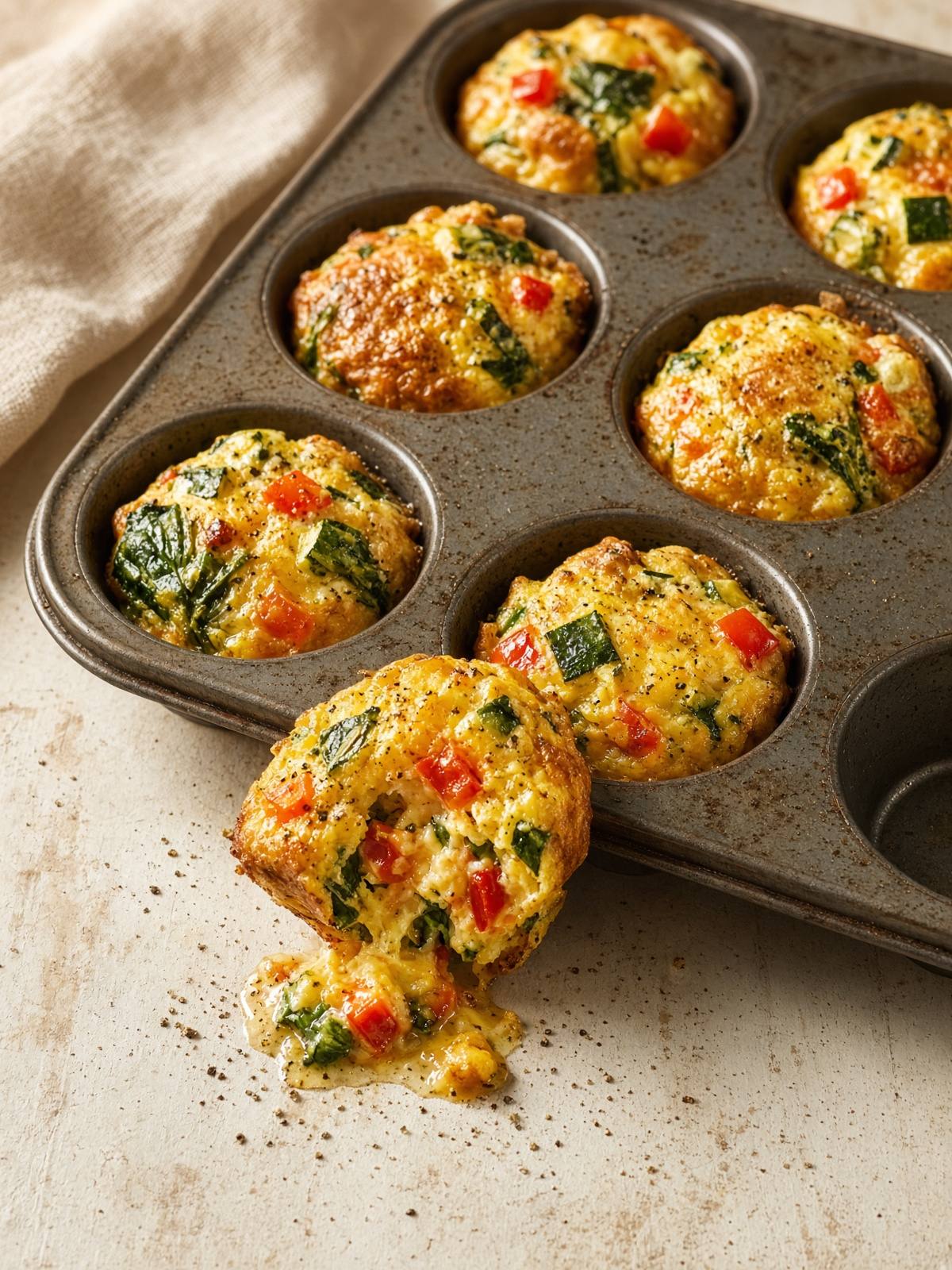 Muffin tin of baked egg muffins with vegetables and melted cheese.