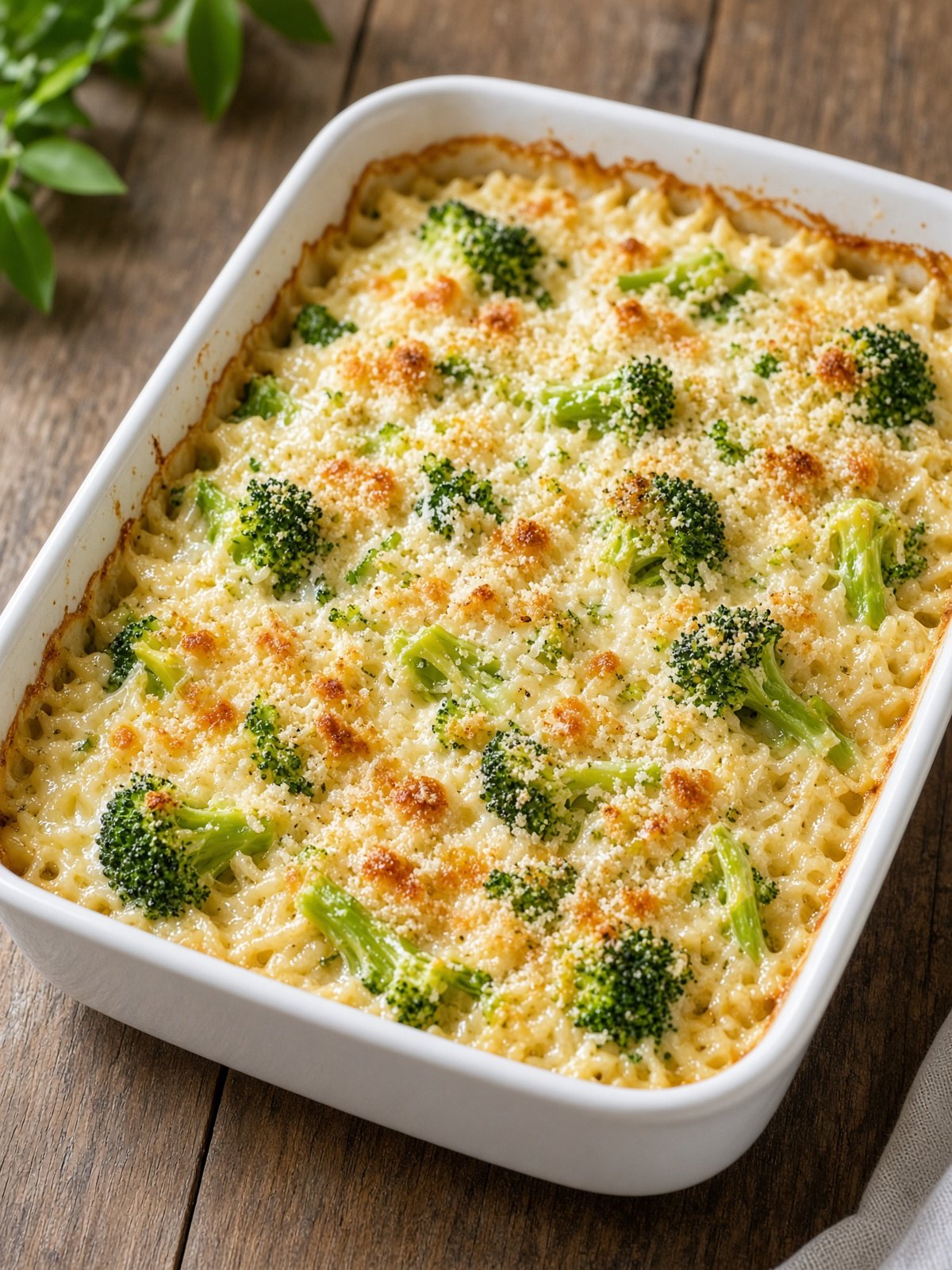 Cheesy broccoli rice casserole in a baking dish