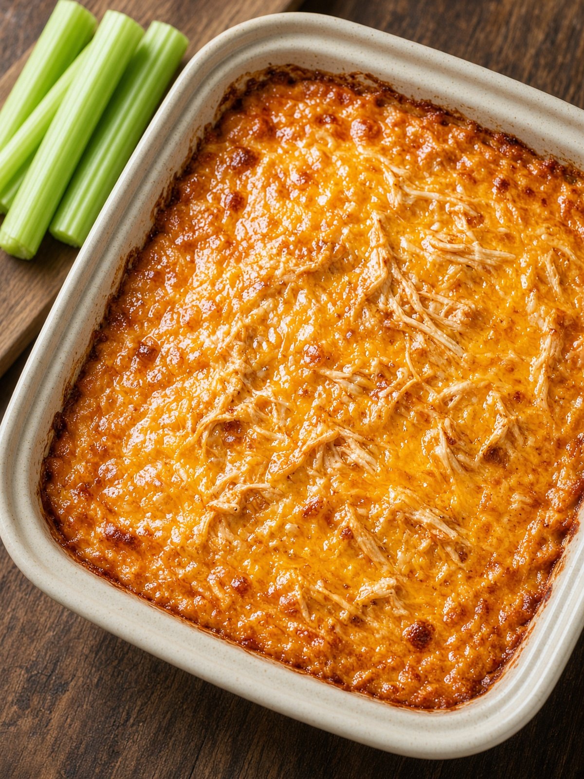 Bubbling buffalo chicken dip in a baking dish with celery sticks