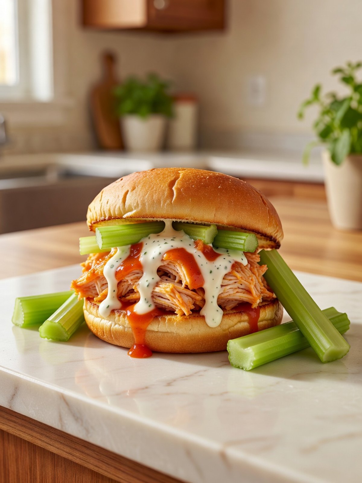 Buffalo chicken sandwich on a toasted roll with celery and a drizzle of ranch