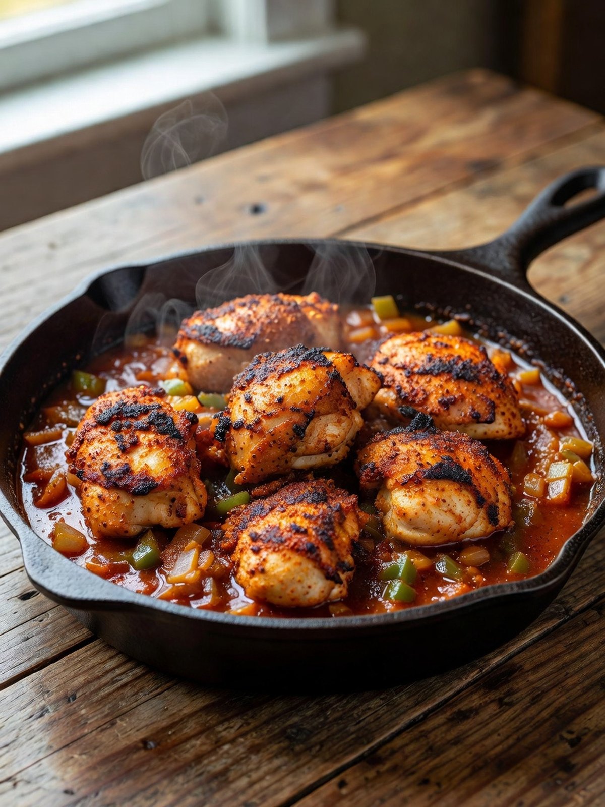 Cajun spiced chicken pieces with peppers and tomatoes in a skillet