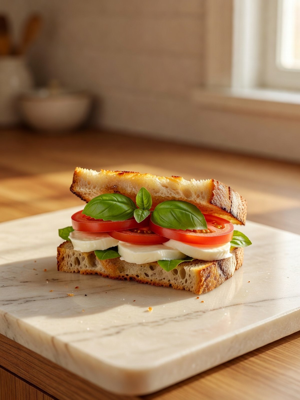 Caprese sandwich on toasted bread with mozzarella, tomato, and basil