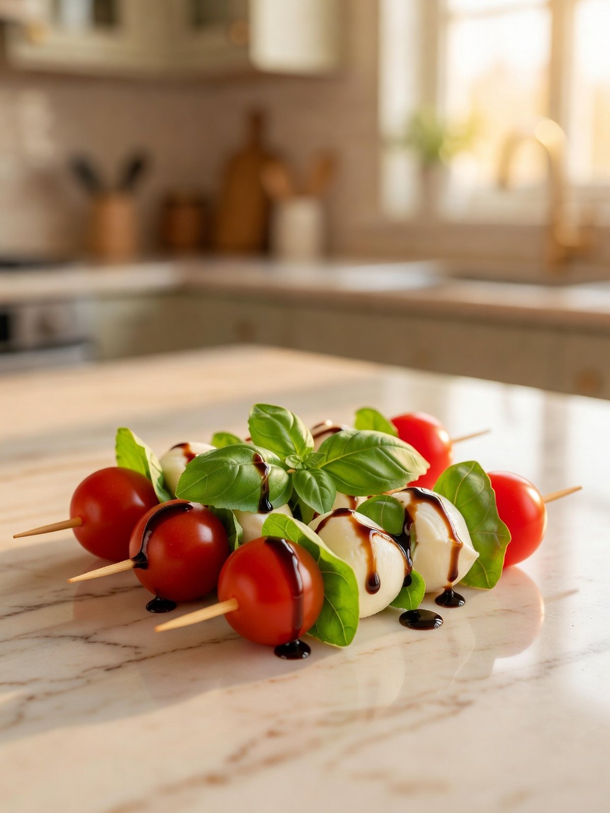 Skewers of cherry tomatoes, basil leaves, and mozzarella balls with a dark balsamic drizzle
