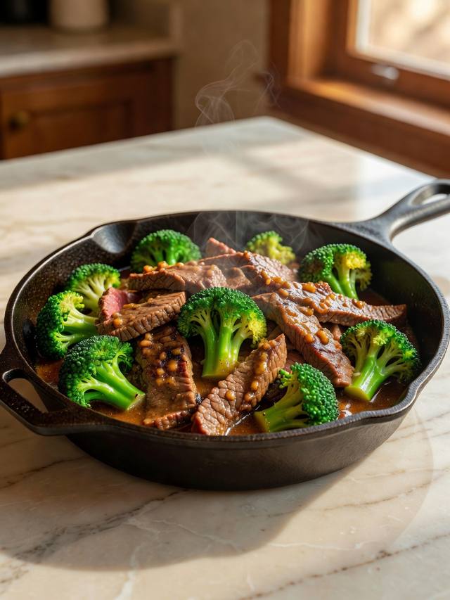 Skillet of sliced beef and broccoli in a brown garlic-ginger sauce