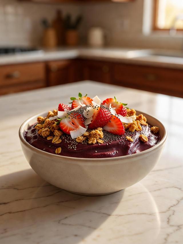 Thick purple acai puree in a bowl topped with granola, sliced strawberries, coconut flakes, and chia seeds