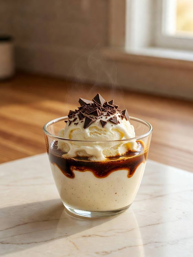 Small glass cup of vanilla ice cream with espresso pooling around it and chopped chocolate on top