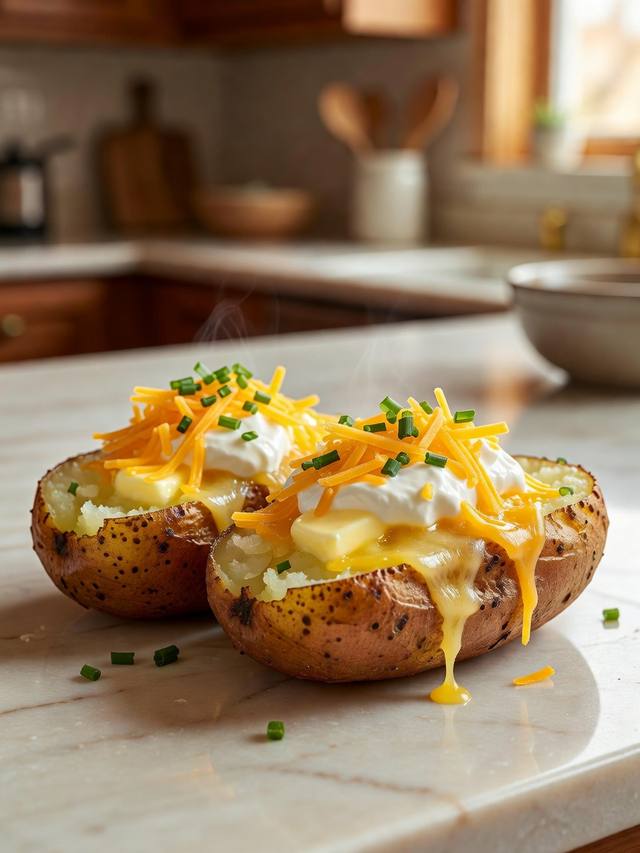Split baked russet potatoes with fluffy centers, butter, sour cream, cheddar, and chives