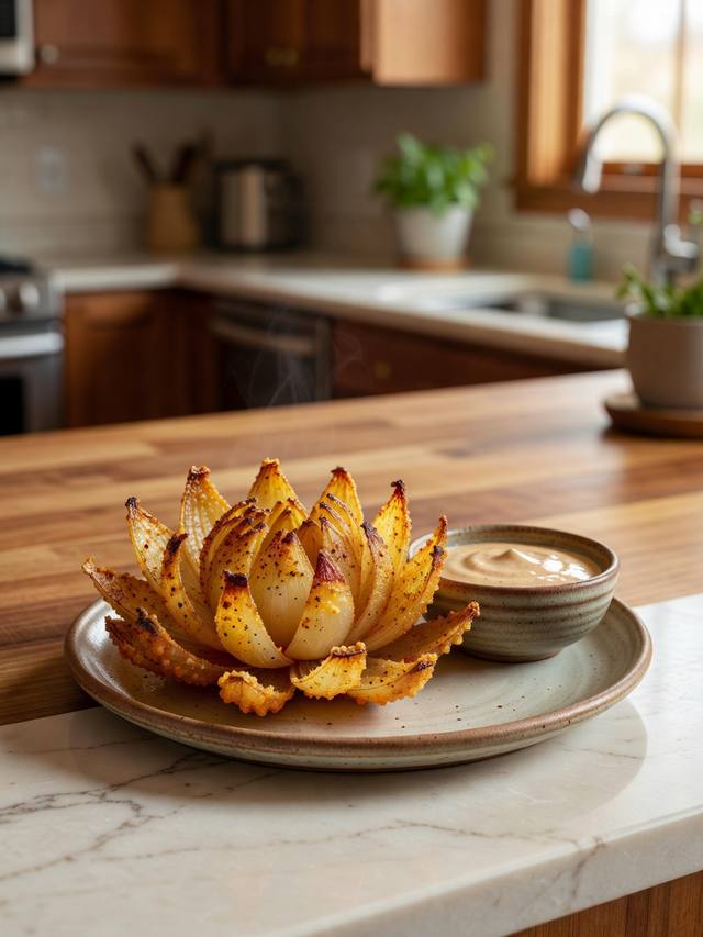 Golden blooming onion with crisp seasoned petals on a plate beside a small bowl of dipping sauce