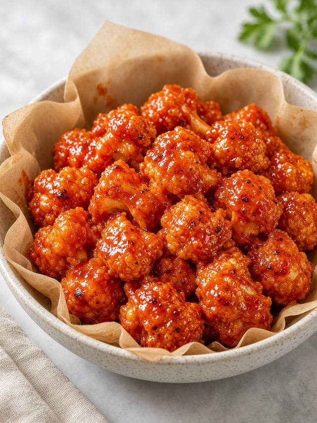 Buffalo cauliflower florets with a reddish sauce.