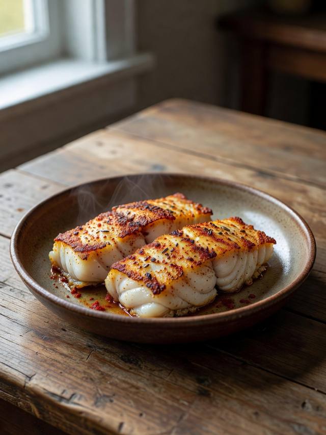 Cajun-spiced cod fillets with lemon wedges on a white plate