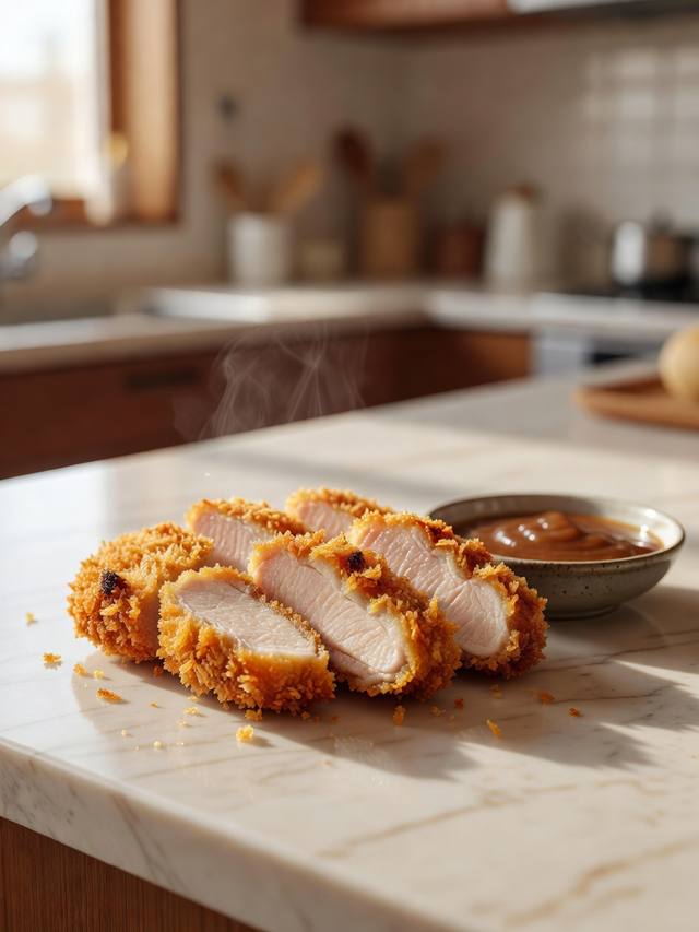Sliced air-fried chicken katsu with a crisp panko crust and a small dish of brown sauce