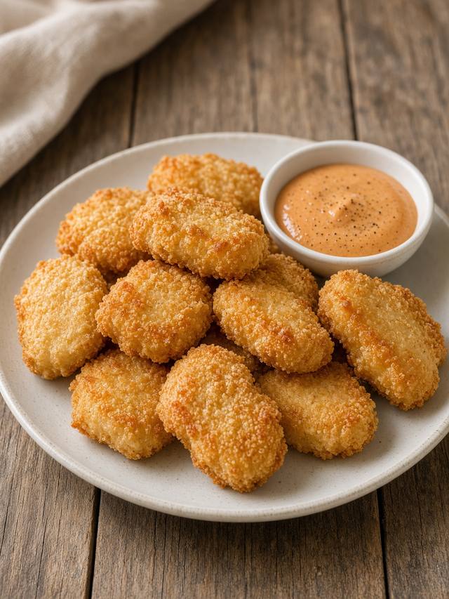 Golden air fryer chicken nuggets on a plate with a small bowl of dipping sauce