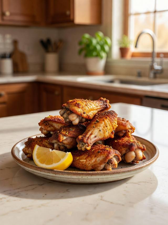 Crisp dry-rubbed chicken wings piled on a platter with a lemon wedge