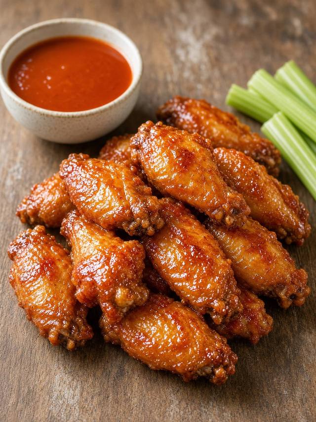 Golden chicken wings with blistered skin piled on a plate, a small bowl of butter-hot sauce beside them, and celery sticks at the edge.
