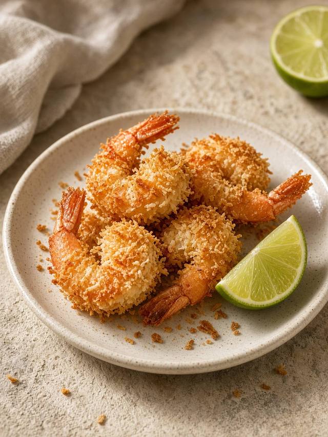 A plate of coconut shrimp with a ragged gold crust, one shrimp broken to show pink-white flesh, and a lime wedge beside the pile.