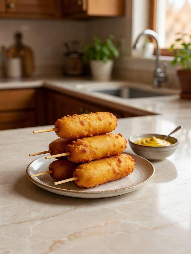 Golden corn dogs on wooden skewers arranged on a plate with mustard