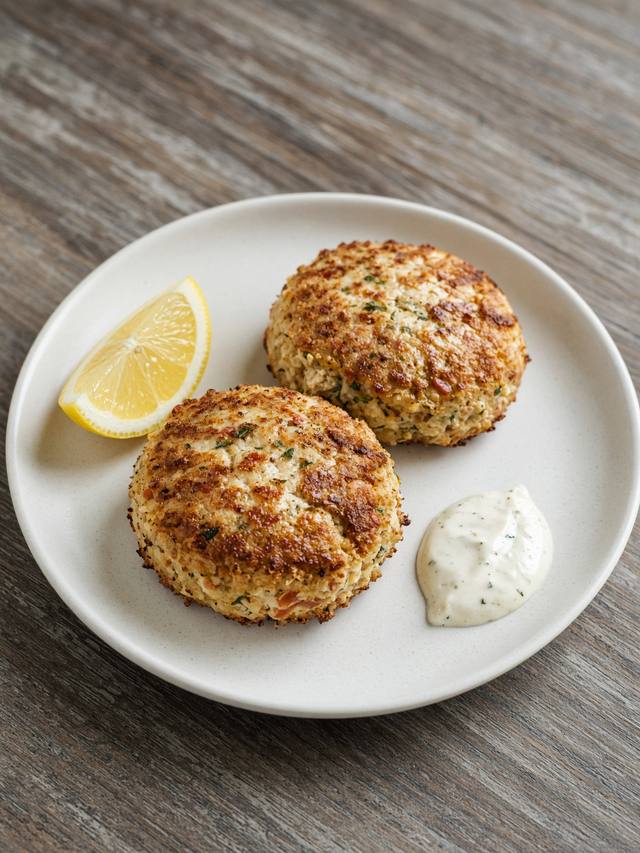 Two golden crab cakes with lemon and a small salad