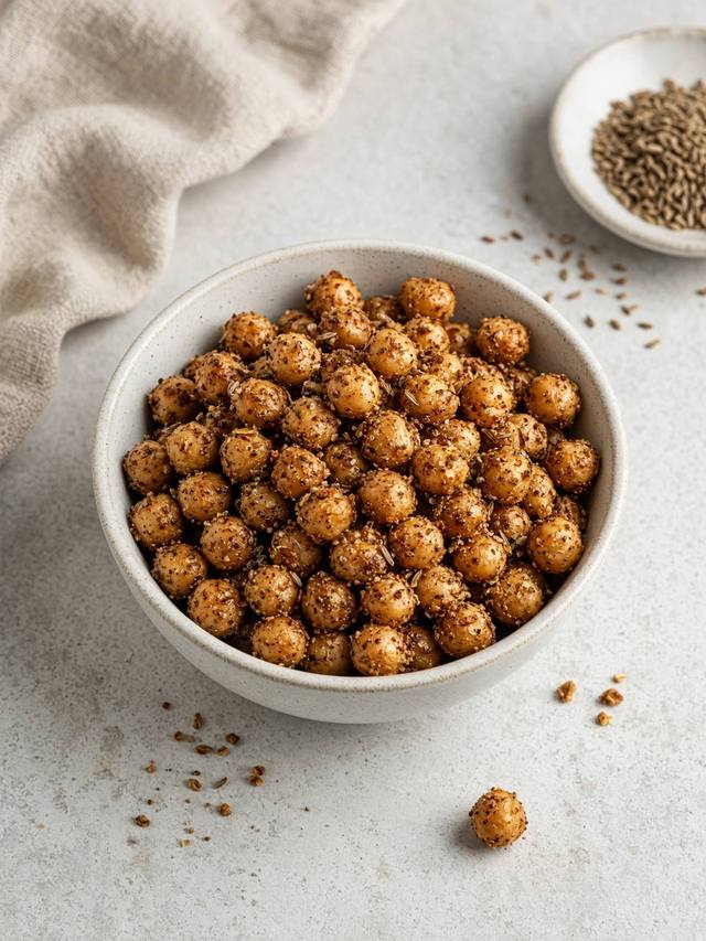 Crispy seasoned chickpeas in an air fryer basket.