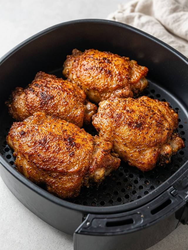 Crispy-skinned chicken thighs in an air fryer basket.