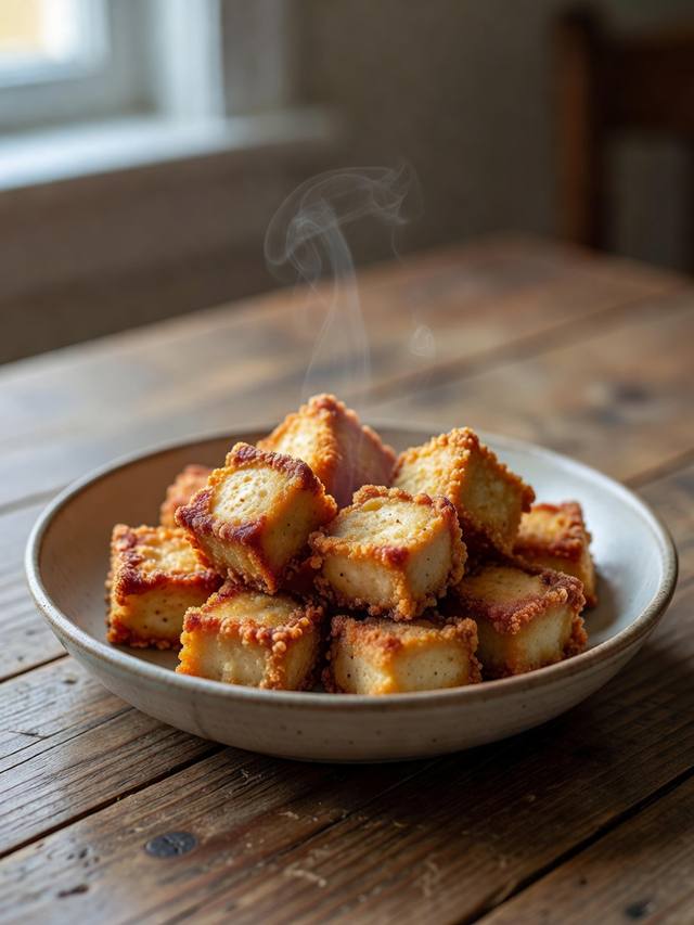 Golden crispy tofu bites in a shallow bowl with soy dip