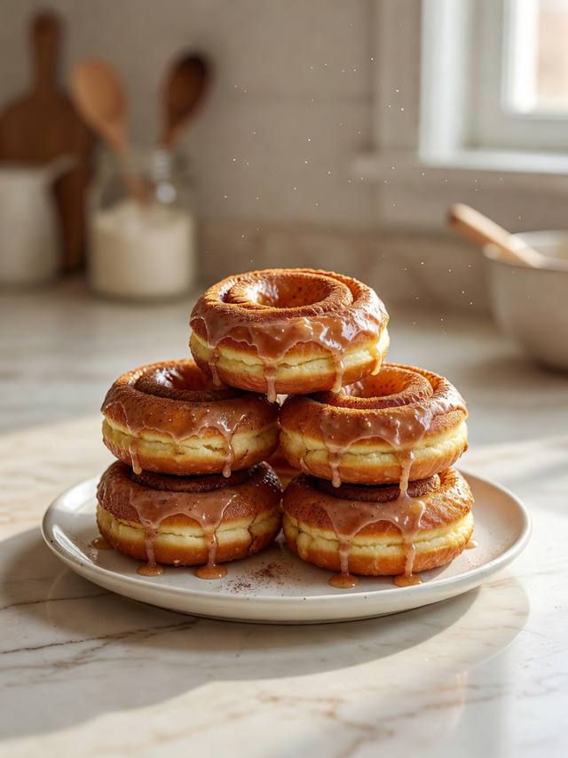 Glazed cinnamon donuts made from biscuit dough, stacked on a plate