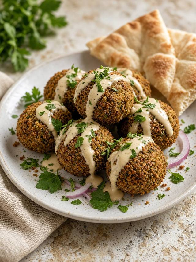 A plate of browned falafel patties split open to show a green-flecked interior, with pita, lemon wedges, and a small bowl of yogurt.