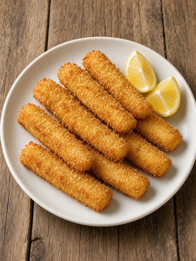 Homemade fish sticks with tartar sauce and lemon