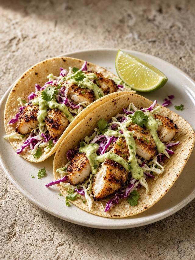 Two corn tortillas filled with flaky white fish, shredded cabbage, lime crema, and a lime wedge, arranged on a sheet of paper.