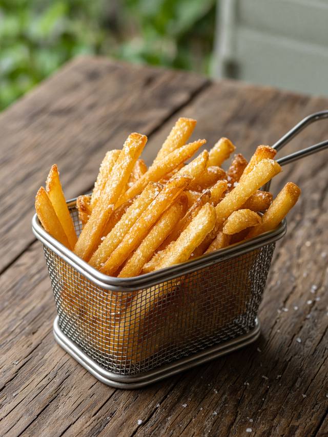 Golden air fryer french fries in a basket, salted