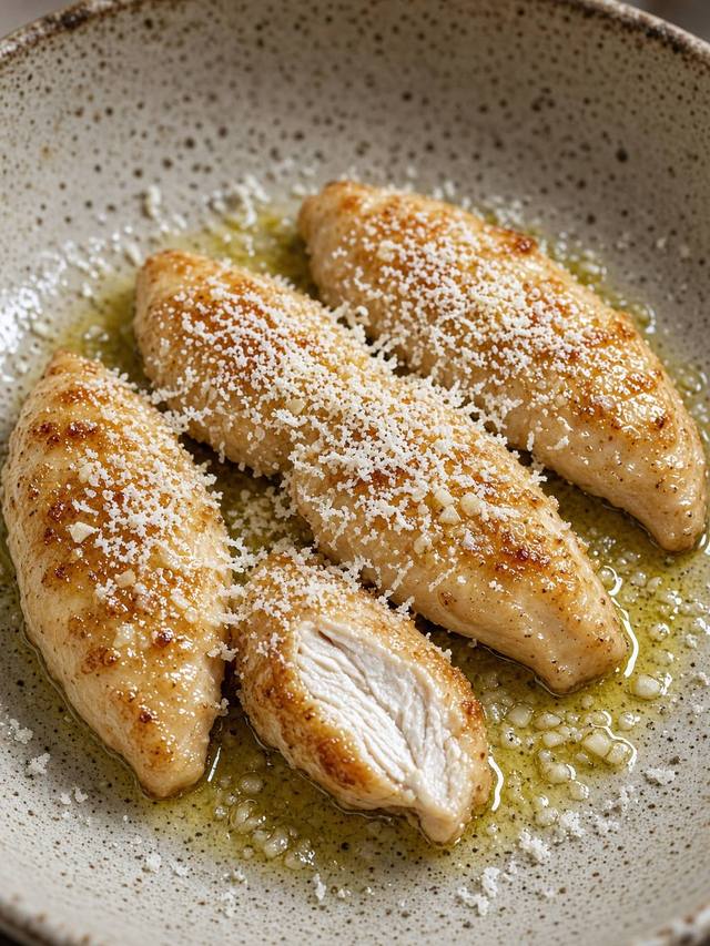 Chicken tenders dusted with parmesan and garlic on a plate, one tender cut open to show white meat.