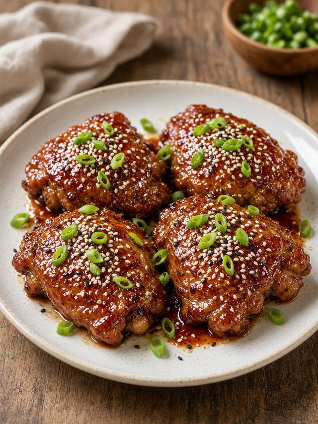 Gochujang glazed chicken thighs with sesame seeds and sliced scallion