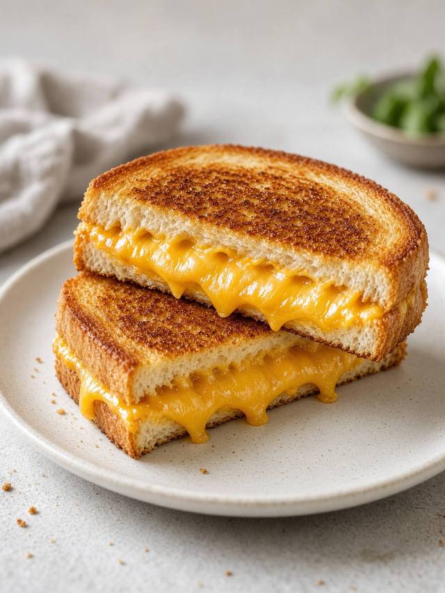 A grilled cheese sandwich cut to show melted cheddar.
