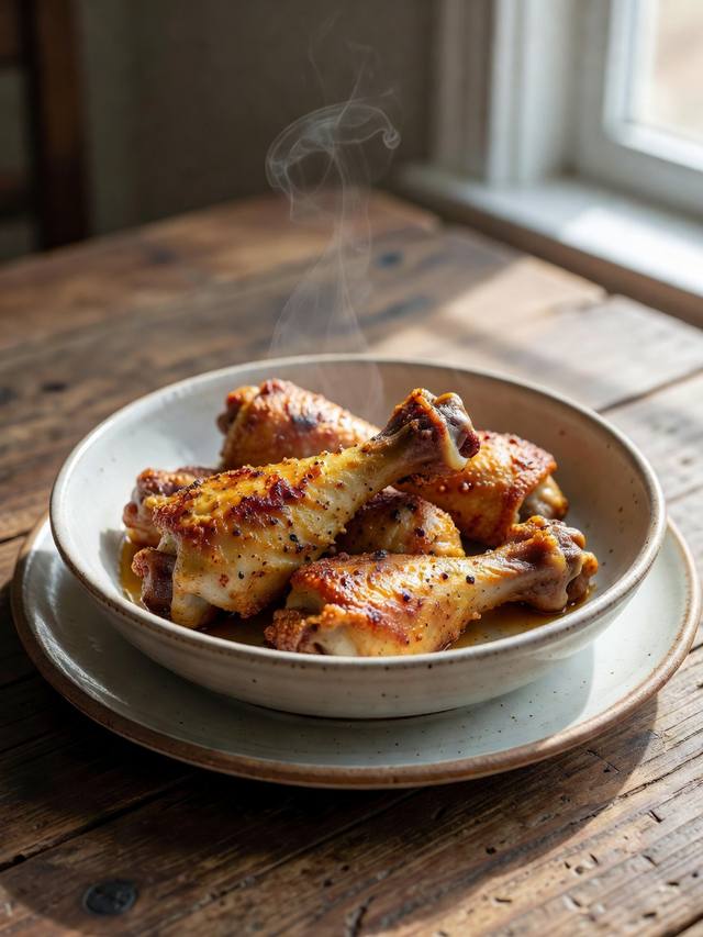 Golden honey mustard chicken drumsticks stacked on a plate
