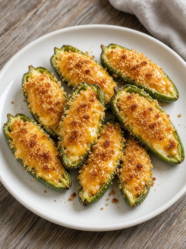Halved jalapeño poppers with melted cheddar on a wooden board