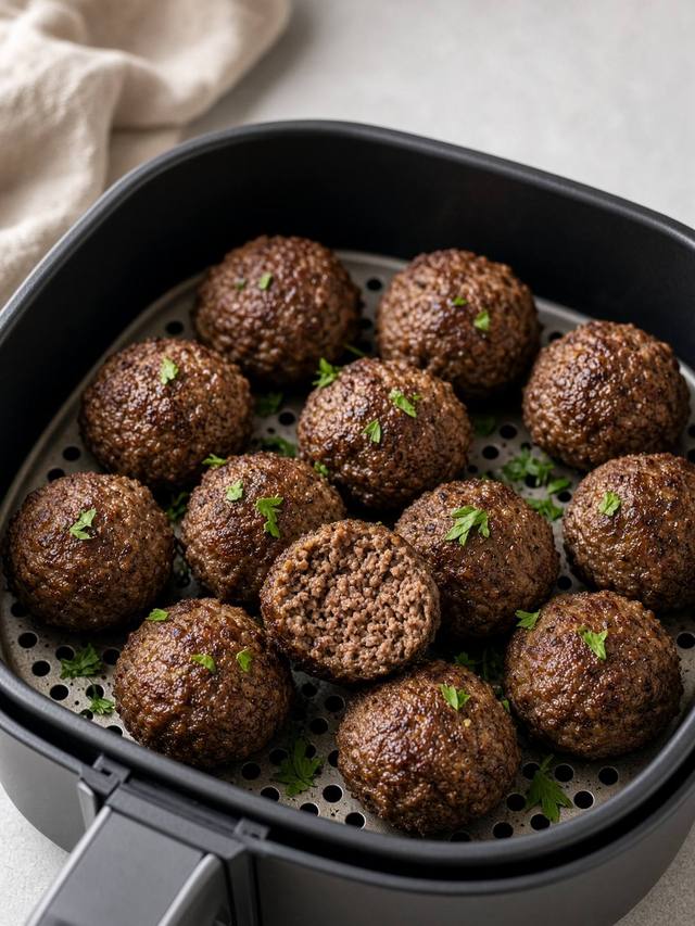 A batch of browned beef meatballs in an air-fryer basket, one meatball cut in half to show a cooked center with no pink.