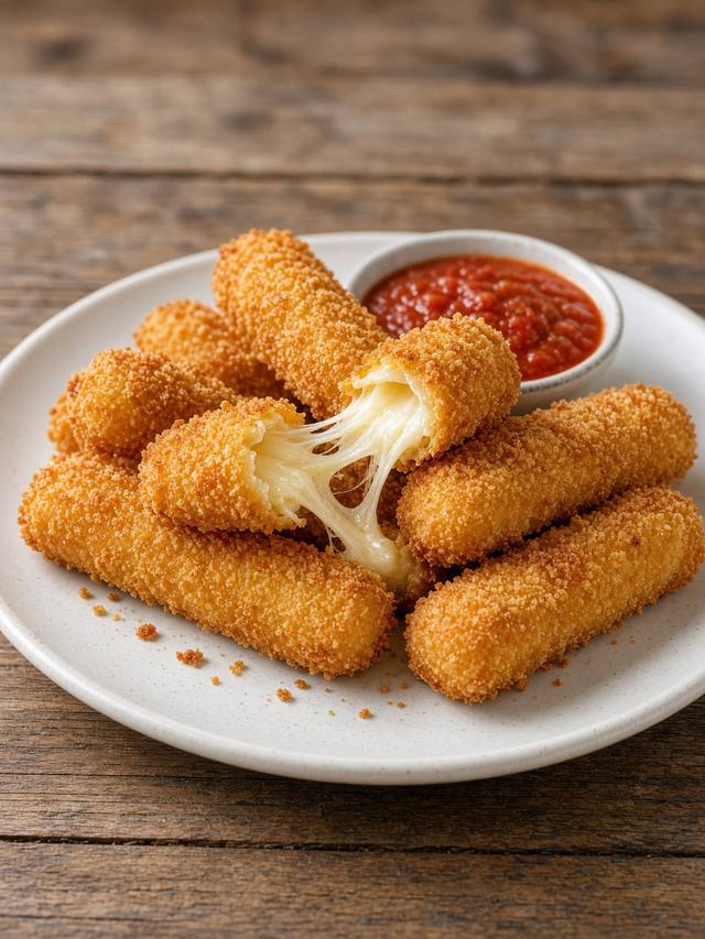 Golden mozzarella sticks on a plate with a small bowl of marinara