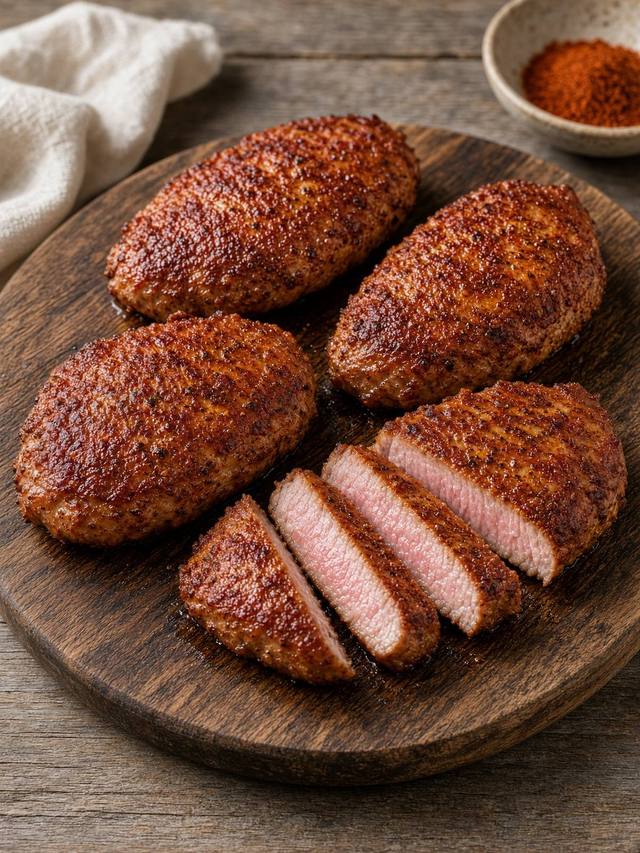 Four thick boneless pork chops with a paprika-colored crust on a cutting board, one chop sliced to show a pale pink center after resting.