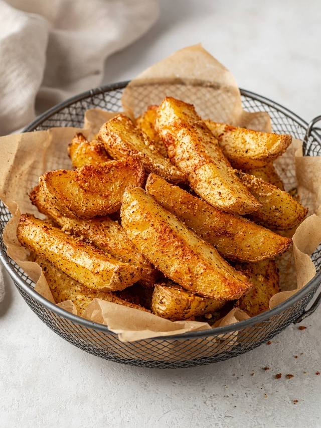 Seasoned potato wedges in an air fryer basket.