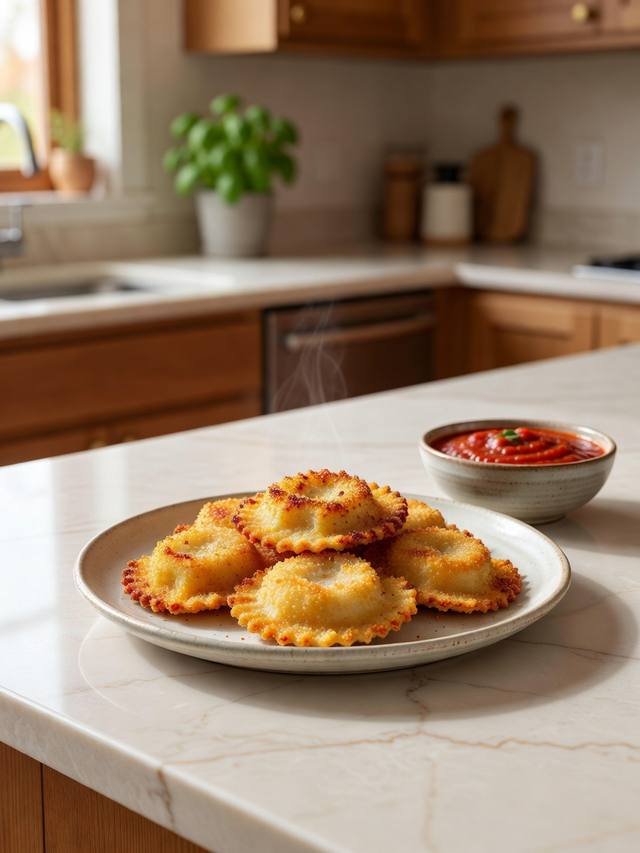 Golden breaded cheese ravioli on a plate with a small bowl of marinara