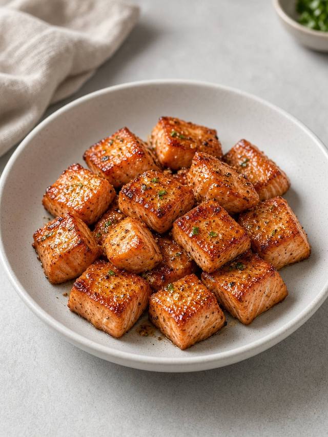 Seasoned salmon cubes in an air fryer basket.