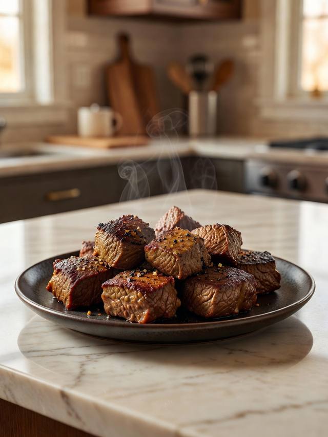 Seared sirloin steak bites with a browned crust on a dark plate