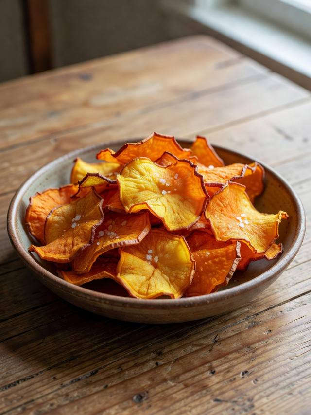 Pile of crisp air-fried sweet potato chips