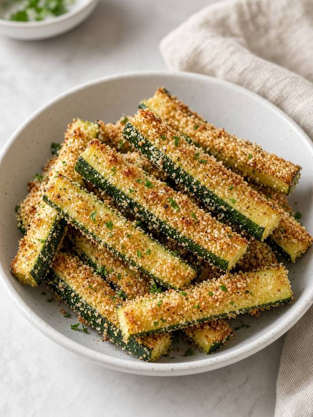 Breaded zucchini fries with a golden coating.