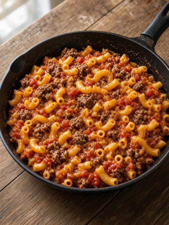 A bowl of American goulash with elbow macaroni and beef