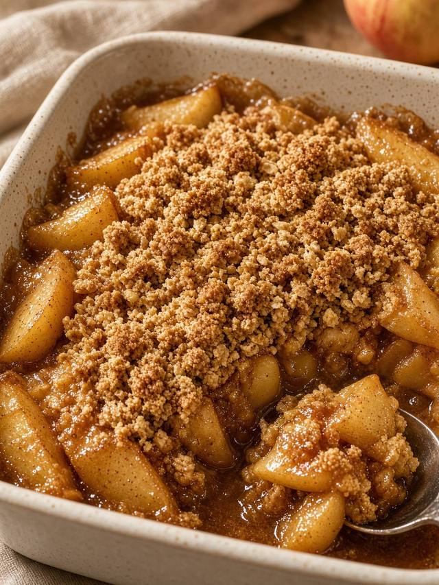 Baking dish of apple crisp with a browned oat topping and bubbling edges.