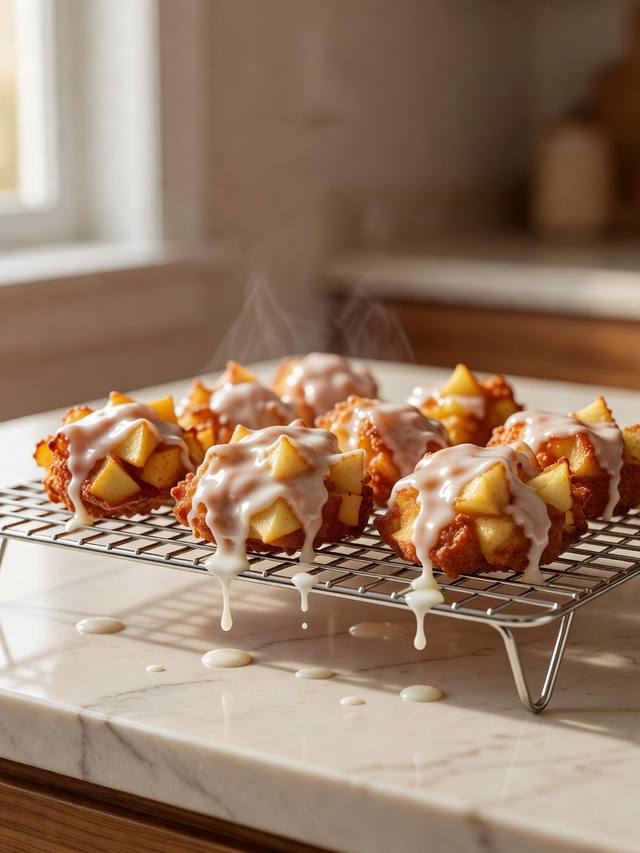 Golden apple fritters with a white glaze draining on a wire rack