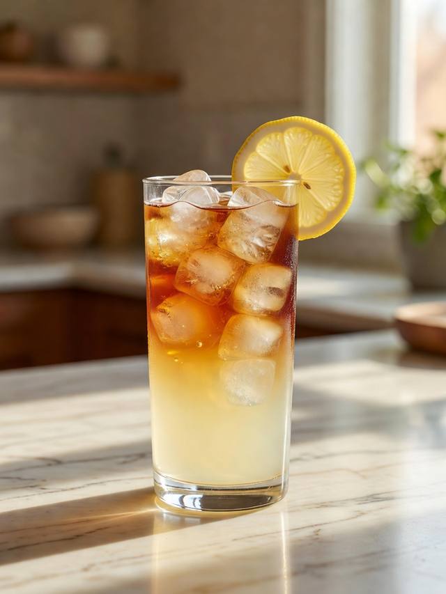 Tall glass of iced tea and lemonade with a lemon wheel and plenty of ice