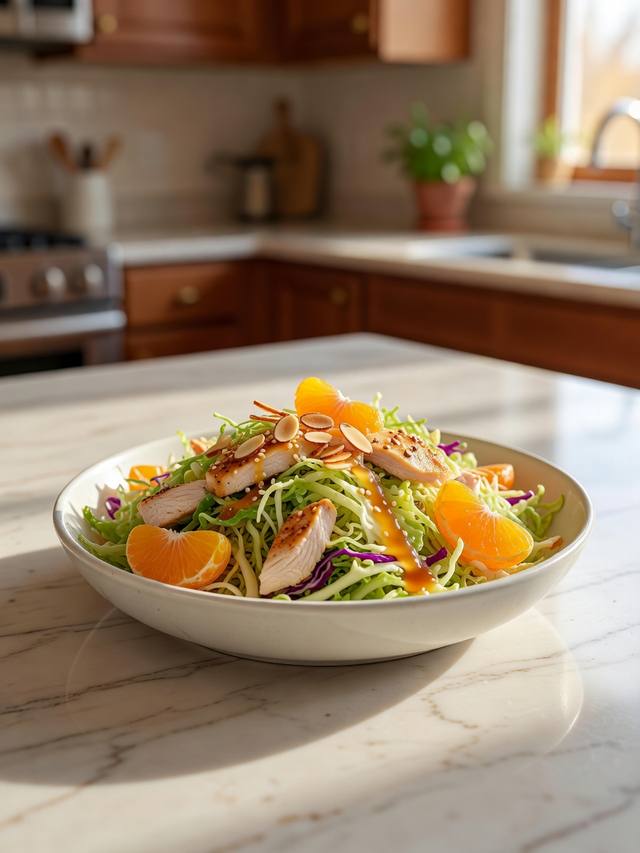 Asian chicken salad with cabbage, mandarin oranges, almonds, and sesame dressing