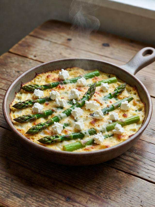 sliced asparagus feta egg bake in a ceramic dish with golden edges