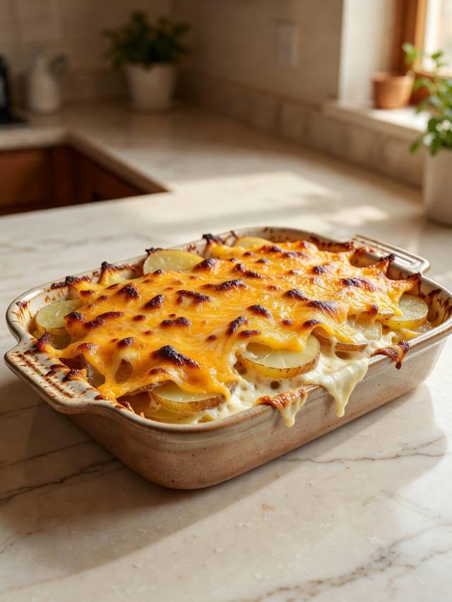 Baking dish of au gratin potatoes with a browned cheddar top and creamy sliced potatoes
